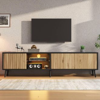 Merax 175cm Mid-Century Modern LED TV Stand with Open Shelving & Cable Holes in Black