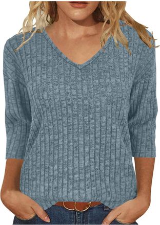 Generic Tunic Tops for Women Lightweight Jumper Ladies V Neck Sweaters Elegant 3/4 Sleeve Ladies Knitted Top Plain Casual Blouses Ribbed Thin Pullover T Shirt