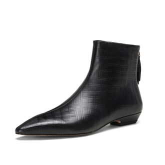 TinaCus Womens Pointed Toe Embossed Genuine Leather Handmade Back Zipper Casual Flat Ankle Boots, Black, 6 UK