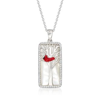 Ross-Simons Mother-Of-Pearl and White Topaz Cardinal Pendant Necklace With Multicolored Enamel in Sterling Silver