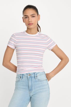 Good American Womens Super Stretch Baby T-Shirt | Sky Stripe, Size Medium | Good American by Khlo&Egrave; Kardashian