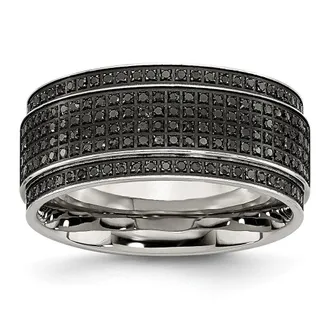 Diamond2Deal Stainless Steel Polished 1/2 Ct Black Diamond 10mm Ridged Edge Band Ring