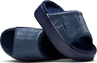 Nike Womens Calm Elevation SE Faux Fur Slides in Blue | IO9723-400