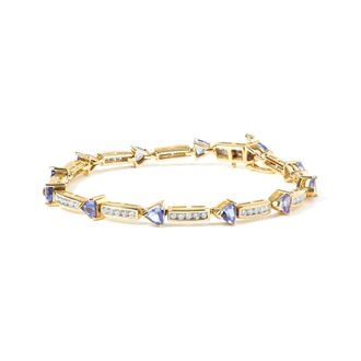 House of Brilliance 14K Yellow 5MM Trillion Cut Blue Tanzanite and 1 1/10 Cttw Diamond Tennis 7 Inches Bracelet