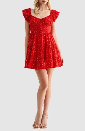 Lush Floral Puff Sleeve Fit & Flare Minidress in Red Floral at Nordstrom Rack, Size X-Large