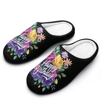 Generic Colorful Floral Happy Birthday Womens Slippers Warm House Slippers Indoor House Shoes with Anti-Skid Rubber Sole
