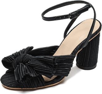 Generic Womens Pleated Satin Wedding Shoes for Bride Peep Toe Slingback Party Prom Sandals Block High Heel Bridesmaid Shoes,Black,5.5 UK