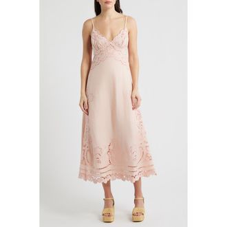 Farm Rio Richelieu Floral Embroidery Linen Slipdress in Light Pink at Nordstrom, Size X-Small