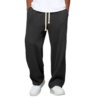 Generic Mens Waffle Texture Wide Leg Pants, Lightweight Breathable Drawstring, Hippie Lounge Sweatpants, Relaxed Fit Trousers (Black,M)