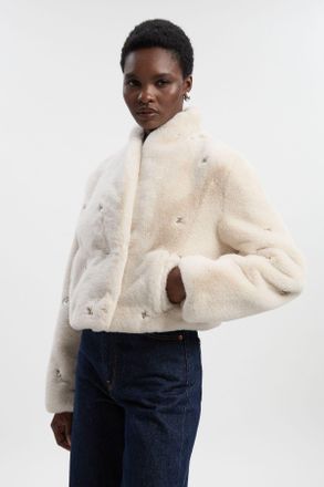 Karen Millen Womens Crystal Embellished Faux Fur Short Coat - Cream - Size 10 UK