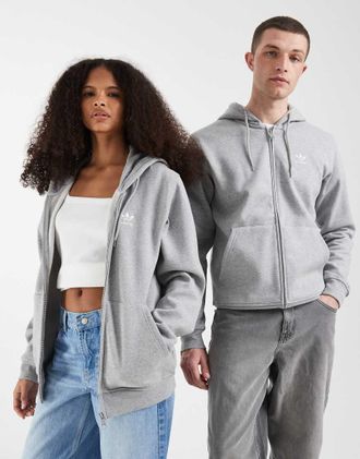 adidas Originals Trefoil Essentials - Felpa grigia con cappuccio e zip-Grigio