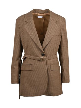 Marella Fitted Brown Wool Jacket with Subtle Checkered Pattern