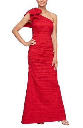 Alex Evenings Bow Detail One-Shoulder Ruched Satin Gown in Red at Nordstrom, Size 18