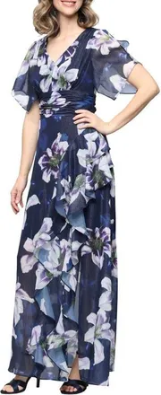 S.L. Fashions Metallic Floral Print Chiffon Dress in Navy Multi at Nordstrom, Size 16