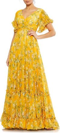 Mac Duggal Flounce Sleeve Floral Maxi Dress in Yellow Multi at Nordstrom, Size 4