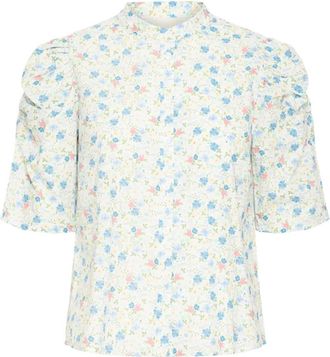Ichi Blauwe Bloemen Kasjmierblouse - Dames - Blouses - Veelkleurig - XS - Kasjmier - Overhemden