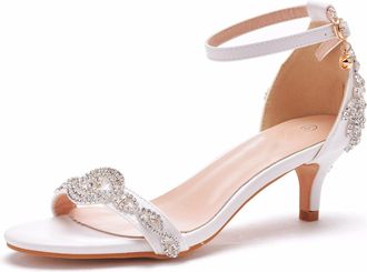 Generic White,6.5 UK,Womens Kitten Low Heel Pumps Open Toe Ankle Strap Sandals Rhinestones Stiletto Heels Wedding Party Bridal Dress Shoes