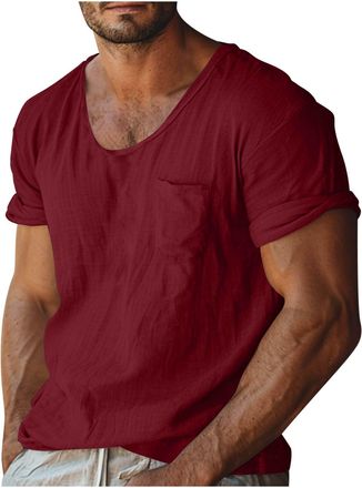 Generic Short Sleeve Shirts Men Scoop Neck Chest Pocket Relaxed Fit Breathable Stretch Comfortable Tshirt Casual Daily Summer Outdoor Casual Vacation Top (Red