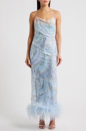 Delfi Shani Sequin Ostrich Feather Hem Gown in Baby Blue at Nordstrom, Size X-Large