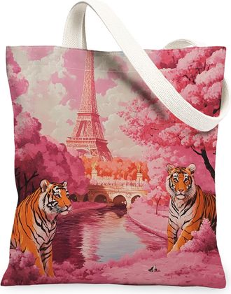 Generic Valentines Day Tiger Canvas Tote Bag for Shopping 13x15, Eiffel Tower Animal Couple Reusable Grocery Print Pattern Bag for Women, Wildlife Beach Aesth