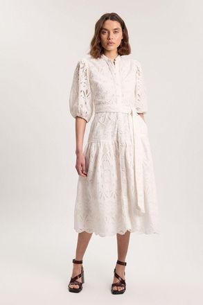 Karen Millen Womens Scalloped Hem Broderie Midi Shirt Dress - White Cotton - Size 10 UK