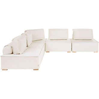 Beliani 5 Seater Right-Hand Modular Corner Sofa Off-White Fabric Upholstery Wooden Legs L-Shaped Living Room Modern TIBRO