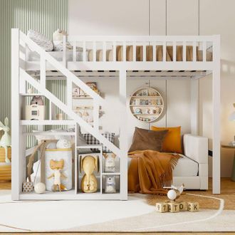 OEM Cama Mezzanine Infantil 90x200 Cm Con Escalera De Almacenamiento, Cama Literas De Madera De Pino, Somier De Listones Incluido, Madera S&oacute;lida Blanca