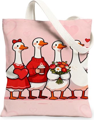 Generic Cute Goose Canvas Tote Bags, Adorable Bird Pattern Reusable Grocery Bags, ValentineS Day Lightweight Washable Shoulder Str, Peach, 13x15 Inch