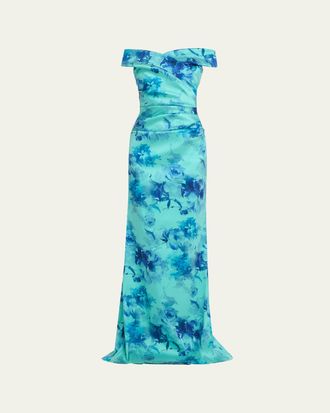 Teri Jon Off-Shoulder Floral Gazar Column Gown