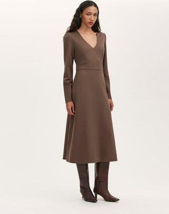 Finery Seraphina Ponte Jersey V Neck Midi Dress in Mole at Nordstrom, Size 12