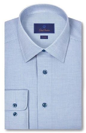 David Donahue Trim Fit Blue Micro Houndstooth Cotton & Cashmere Dobby Dress Shirt at Nordstrom, Size 15.5 - 34