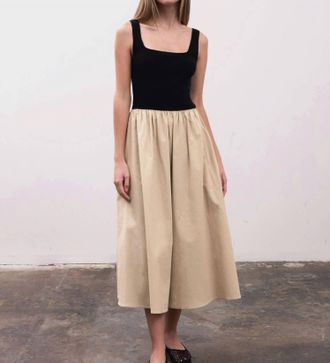 Moon River Square Neck Crochet Top Mixed Media Dress In Black /natural