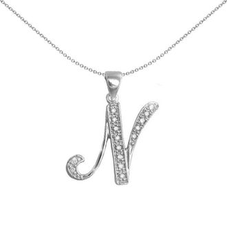 Jewelco London 9ct White Gold Diamond Script Initial ID Charm Pendant Letter N - 9P060-N