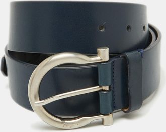 Ferragamo Dark Blue Leather Gancio Buckle Belt