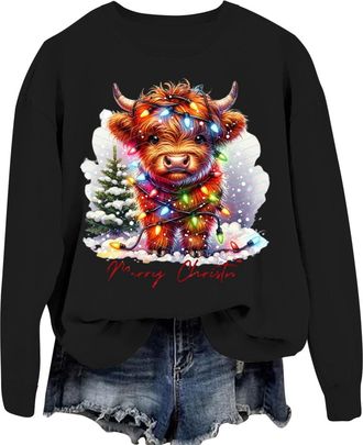 Generic Women Christmas Sweatshirt Funny Christmas Jumpers Highland Cow Christmas Girly Holiday Western Print Sweatshirt Black