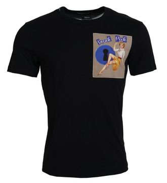 Dolce & Gabbana Mens Sneak Peek Keyhole Graphic Tee - Black Cotton - Size EU 46 (Mens)