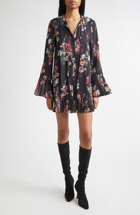 Cinq &agrave; Sept Iris Bouquet Alinda Long Sleeve Shirtdress in Black Multi at Nordstrom, Size 10