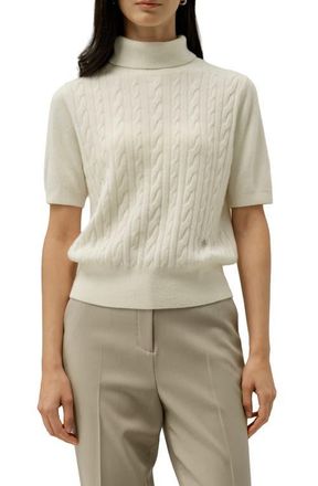 LilySilk Cable-Knit Baby Cashmere Turtleneck Top in Cloud at Nordstrom, Size Medium