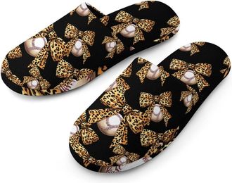 Generic Leopard Bow Baseball Flannel Mens Slip-on Slippers Winter Warm House Shoes with Rubber Sole for Home Hotel