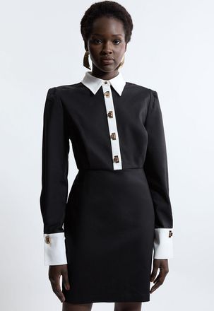 Karen Millen Petite Techno Cotton Woven Mini Shirt Dress With Gold Clasps