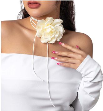Generic 2025 Winter Autumn Womens Solid Color Choker Necklace with Fabric Flower Minimalist Ribbon Fringe (WH2, One Size)