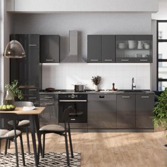 Vicco Mueble De Cocina R-line, Antracita Brillo Intenso/antracita, 300 Cm, Et Roble