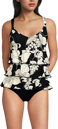 Lands End Plus Size Ruffle Fauxkini One Piece Swimsuit in Black/egret Lilies at Nordstrom, Size 16