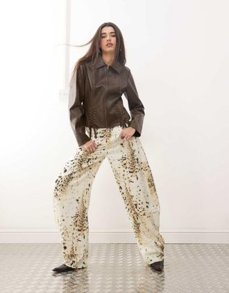 Lioness horseshoe barrel leg jeans in ecru snow leopard print-Multi