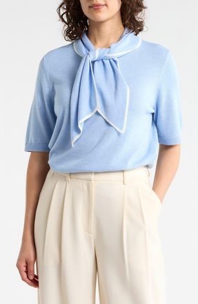 Halogen Tipped Tie Neck Short Sleeve Sweater in Sweet Blue/Ivory at Nordstrom Rack, Size X-Small