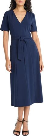 Maggy London Short Sleeve Tie Waist A-Line Midi Dress in Navy Blazer at Nordstrom, Size 10