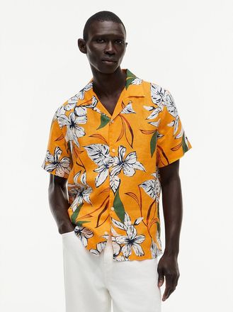 Tommy Hilfiger Mens Regular Fit Floral Linen Camp Shirt - Orange Flash - L