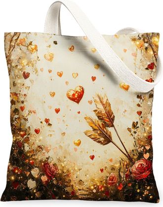 Generic Floral Canvas Tote Bags, Heart and Plant Pattern Reusable Grocery Bags, Autumn Vintage Lightweight Washable Shoulder Strap for Travel Picnic 13x15 Inc