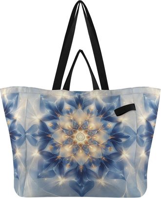 Generic Blue Mandala print Reusable Canvas Tote Bag, Heavy Duty Grocery Shopping Bag with Double Handles Hard Bottom Large Capacity Work Groceries Travel