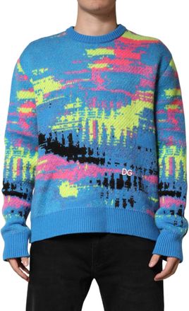 Dolce & Gabbana Mens Intarsia-Knit Graphic Sweater Blue